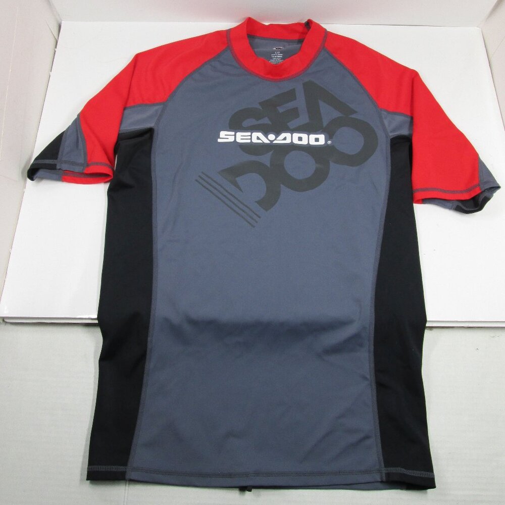 Sea-Doo Womans Size L Rashguard Shirt Gray Red Black Performance Short Slv UV50